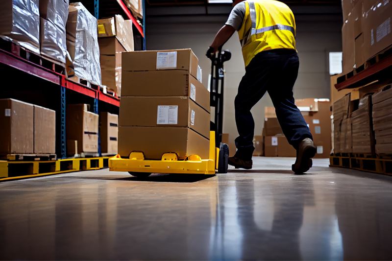 trabajador en almacen cargando cajas.